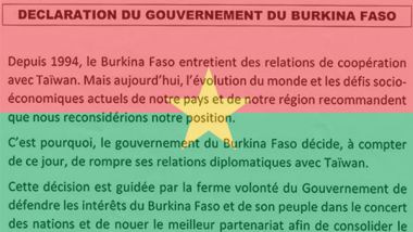 Burkina Faso cuts diplomatic ties with Taiwan