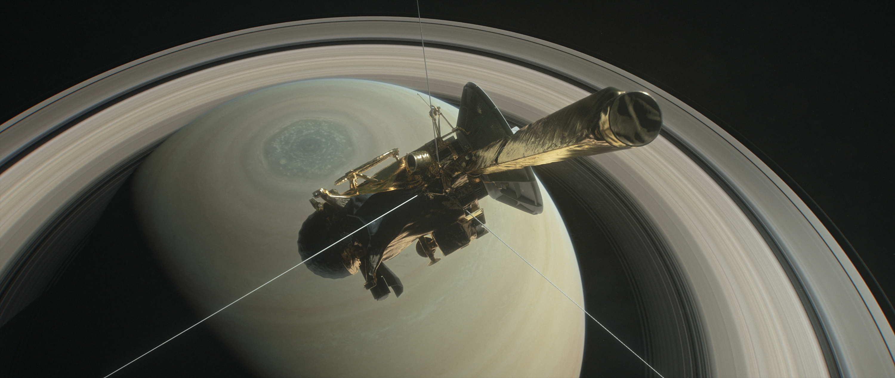 Illustrated Cassini above Saturn&#39;s rings.