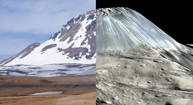 Left: Hlíðarfjall dome, Iceland. Right: Ahuna Mons on Ceres.