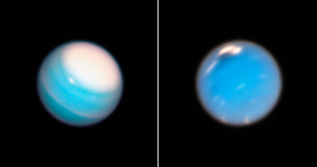 Images of two bluish planets with visible storms.