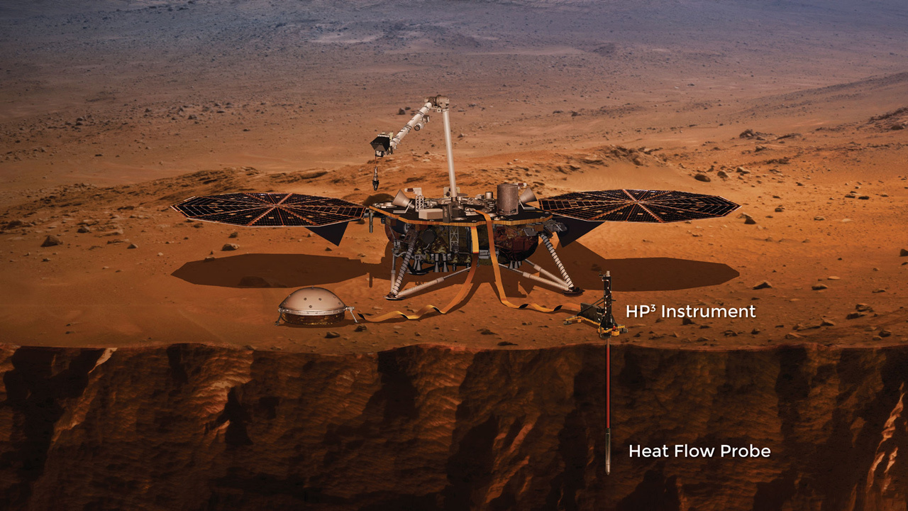 This artist's concept that depicts NASA's InSight Mars lander fully deployed for studying the deep interior of Mars.