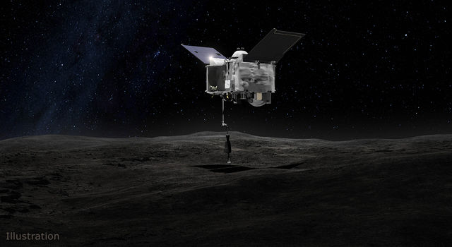 This artist's concept shows the Origins Spectral Interpretation Resource Identification Security - Regolith Explorer (OSIRIS-REx) spacecraft